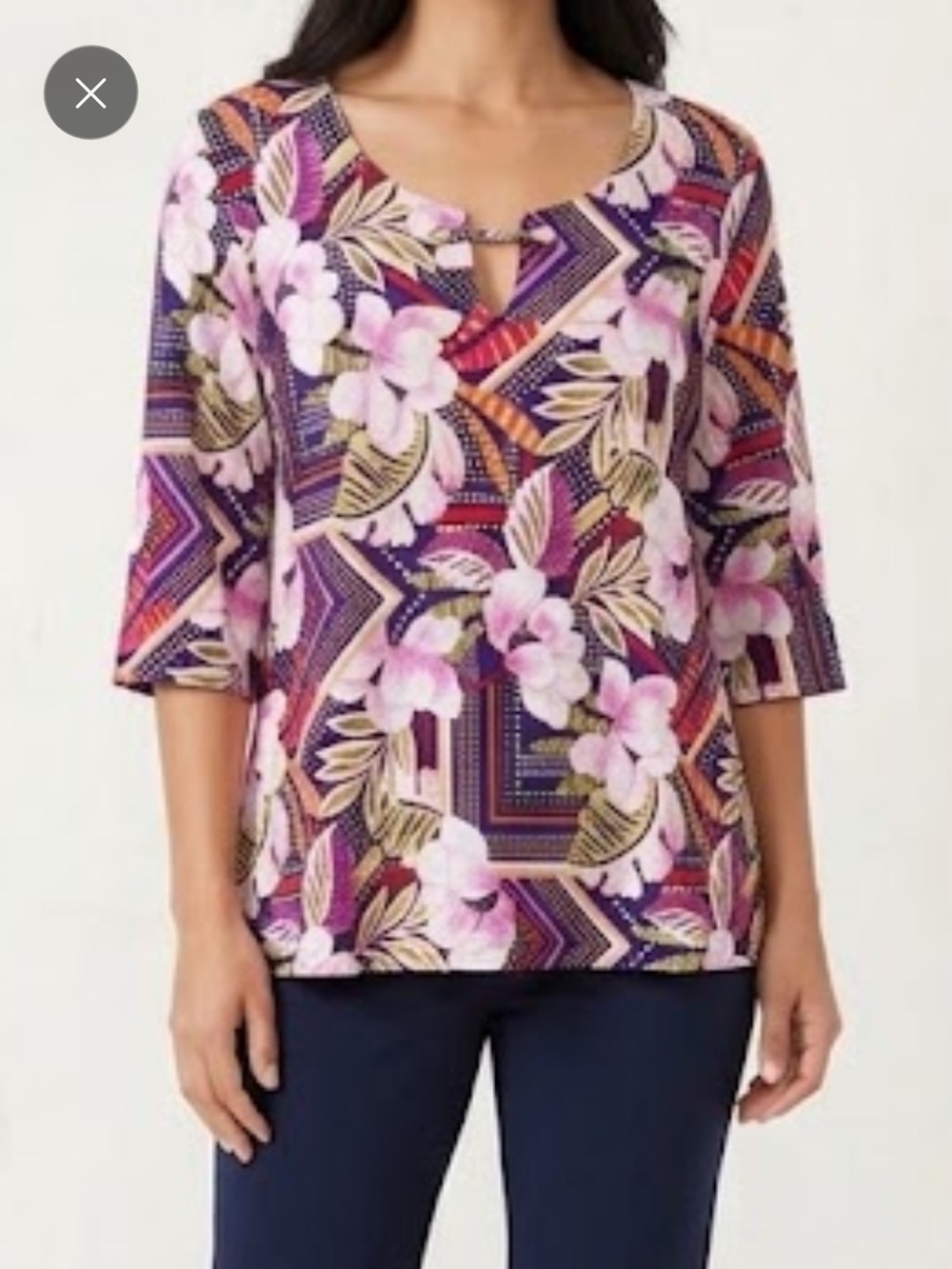 Tacera Floral & Geometric Short Sleeve Blouse in Pink, Navy & Orange ptp 24